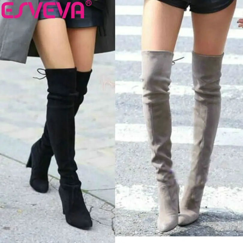 ESVEVA 2018 Western Style Spring Over The Knee Boots Square High Heel Women Boots Sexy Ladies Lace Up Fashion Boots Size 34-43 ESVEVA 2018 Western Style Spring Over The Knee Boots Square High Heel Women Boots Sexy Ladies Lace Up Fashion Boots Size 34-43
