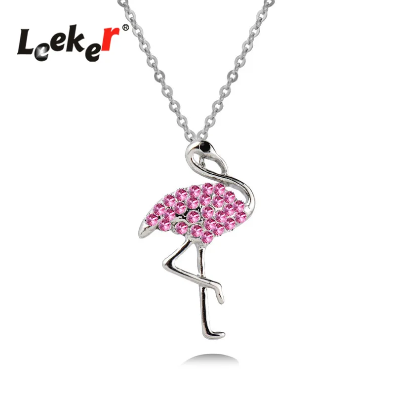 

LEEKER Rhinestone Pink Flamingo Big Bird Pendant Necklace Choker Link Chain For Women Animal Jewelry 211 LK9