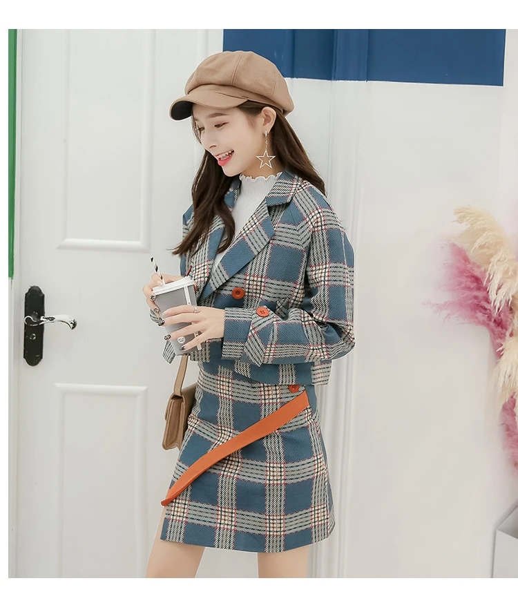 2018 Autumn Formal skirts Suits Women OL Two Piece Set Double-breasted plaid short jacket Coat+High waist Irregular skirts