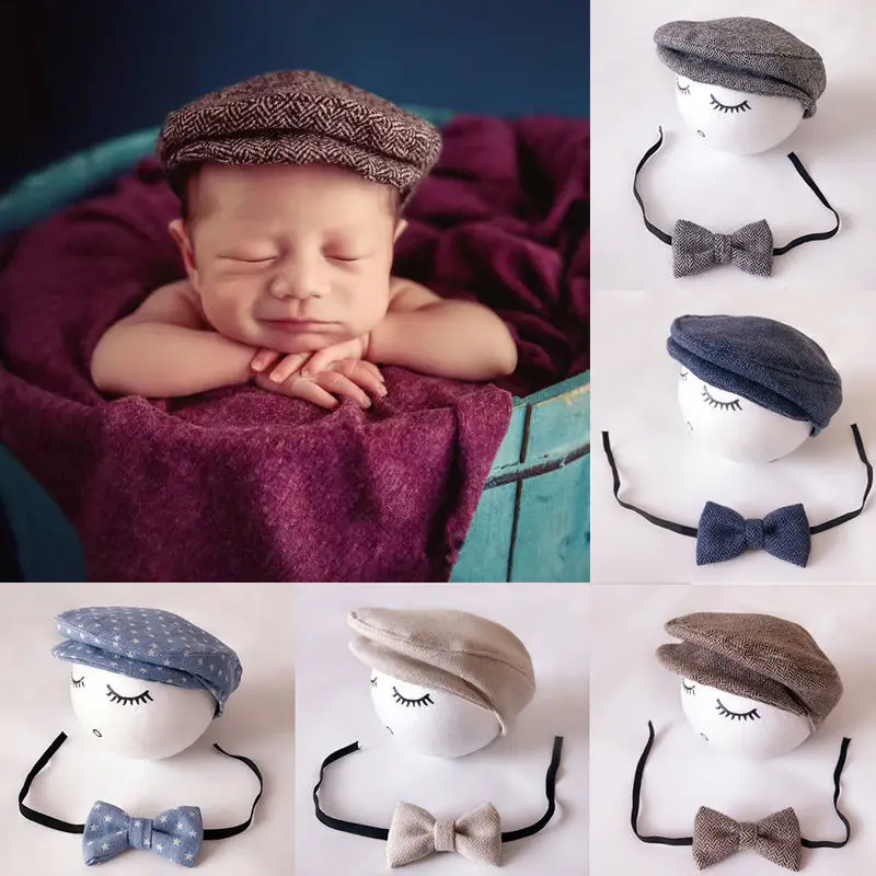 

Baby Newborn Peaked Beanie Cap Hat Bow Tie Photo Photography Prop Infant Boy Caps