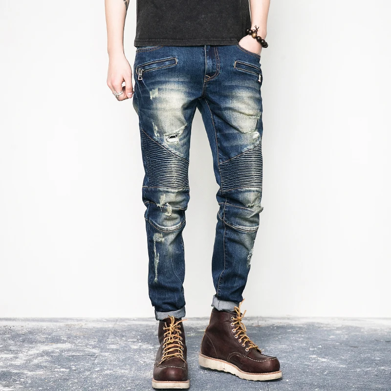 New Designs Men Biker Jeans Fashion Ripped Motorcycle Jeans For Men Hip