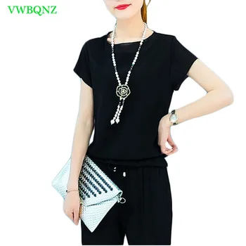 

Chiffon Sportswear Set Women Summer Short sleeve Tops T-shirt+Seven points Pants Two Sets Women's Loose Plus size Sets Tide A319