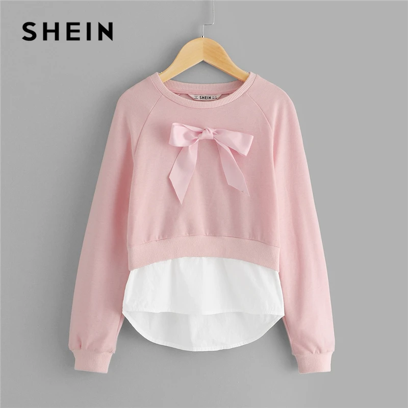 Comprar SHEIN niñas Rosa arco frente Casual sudaderas para niñas tapas 2019 primavera moda manga larga lindo suéter ropa para niños