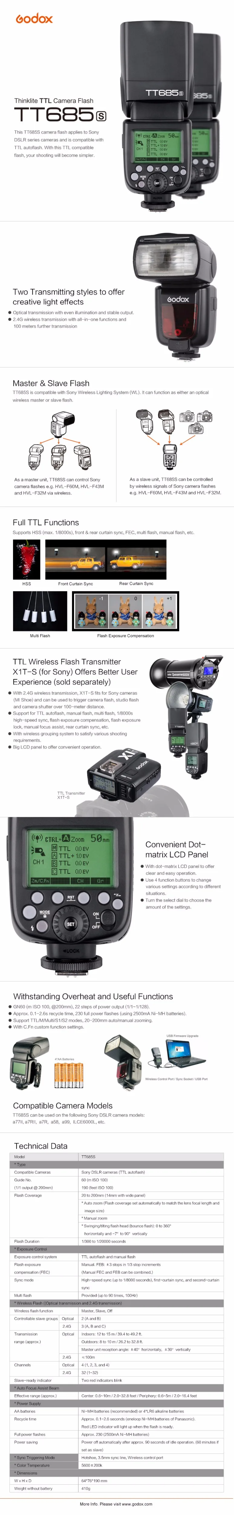 Godox TT685S 2,4G HSS ttl GN60 Вспышка Speedlite+ X1S триггер передатчик Комплект для sony A58 A7RII A7II A99 A9 A7R A6300+ 6 Подарочный комплект