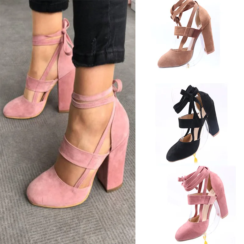 

Europe and the United States new pointed suede chunky heel shoes shallow mouth with wild women's high heels red wedding shoes.