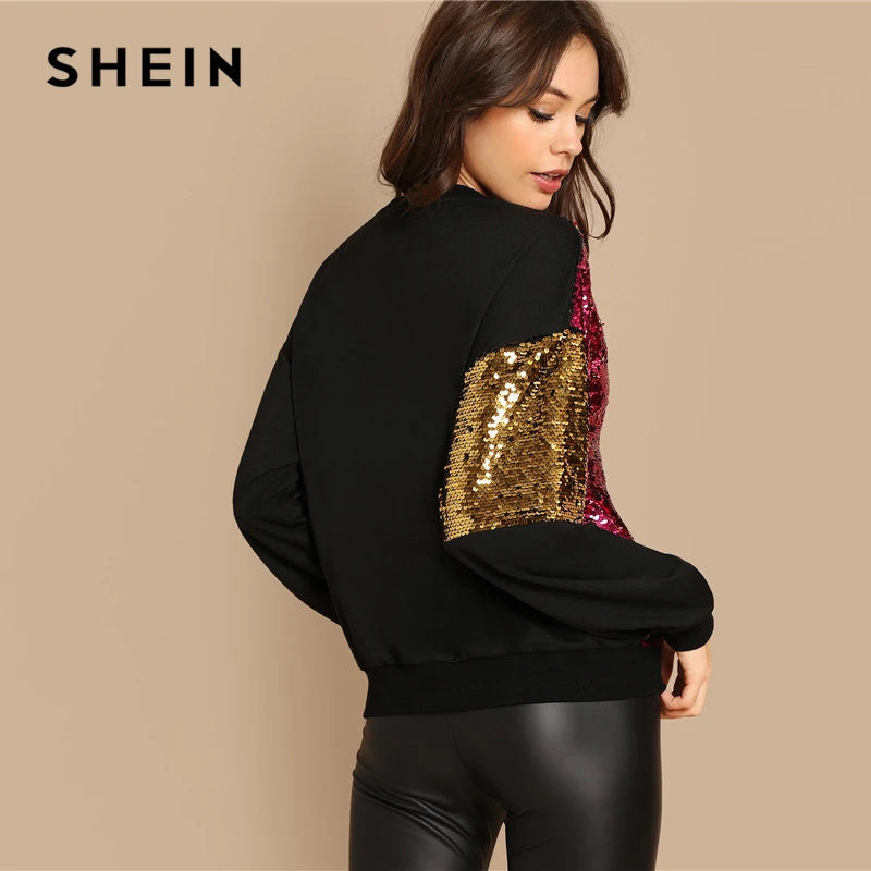 SHEIN Блестящий Контрастный Пуловер Женские Многоцветные Повседневные Джемперы С Длинными Рукавами