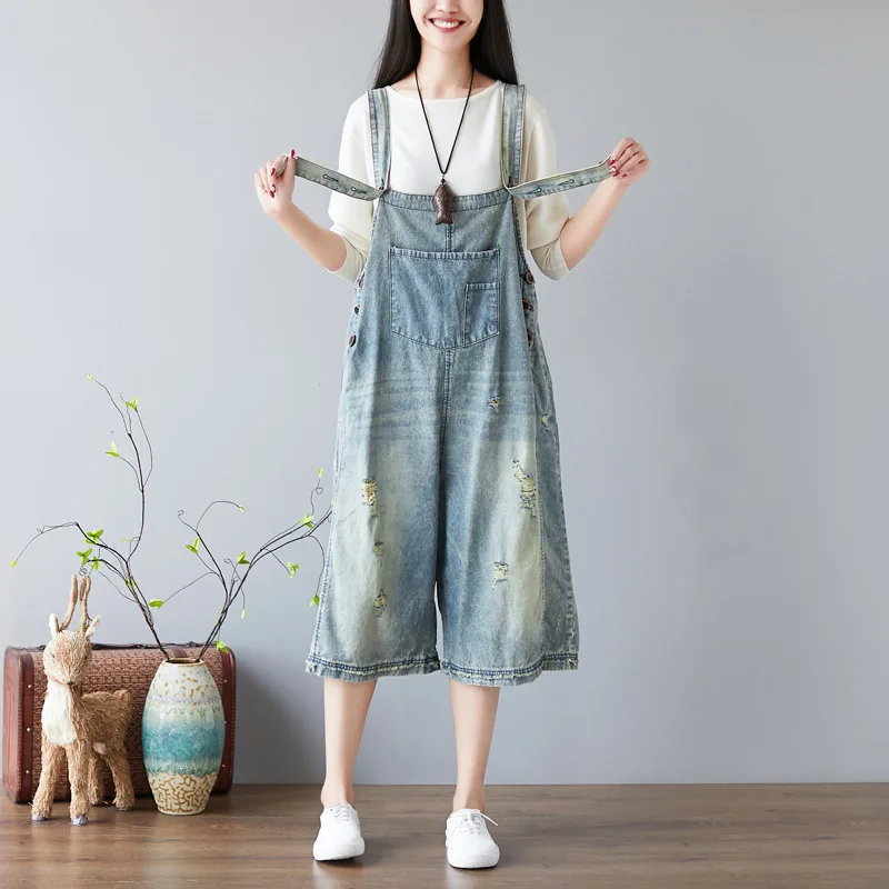 Women Summer Blue Jumpsuit Washed Vintage Loose Hole Jeans Cropped Wide Leg Bib White Scratch Trousers XL-01 | Женская одежда