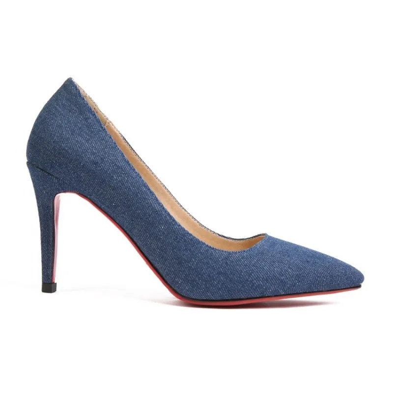 

SHOFOO shoes,Beautiful fashion free shipping, denim fabric, 8.5 cm high heel shoes, pointed toe pumps, women's shoes. SIZE:34-45