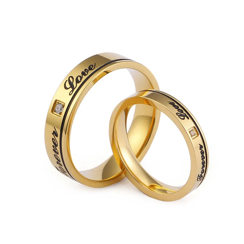 English Forever Love Wedding Rings Cubic Zirconia Couple Rings Black & Gold Color Stainless Steel Anniversary Alliance Jewelry