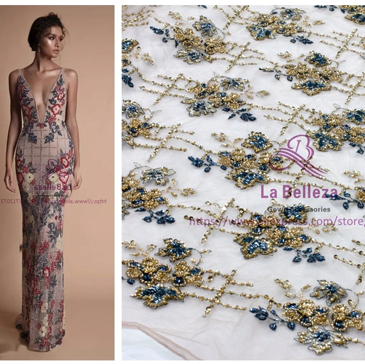 

1 YARD fashion style Gold blue mixed heavy handmade beading lace fabric 125cm width brides party/evening wear fabric