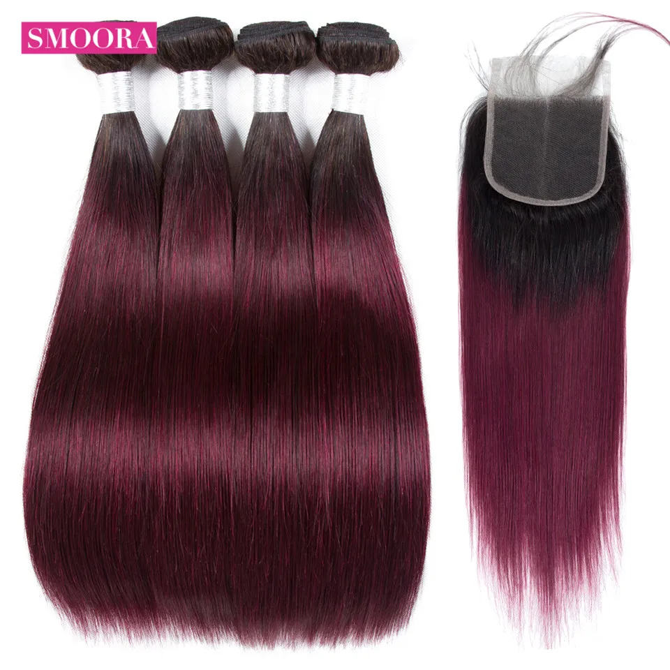 ombre straight hair 1b 99j 4 bundle hair with closure middle part
