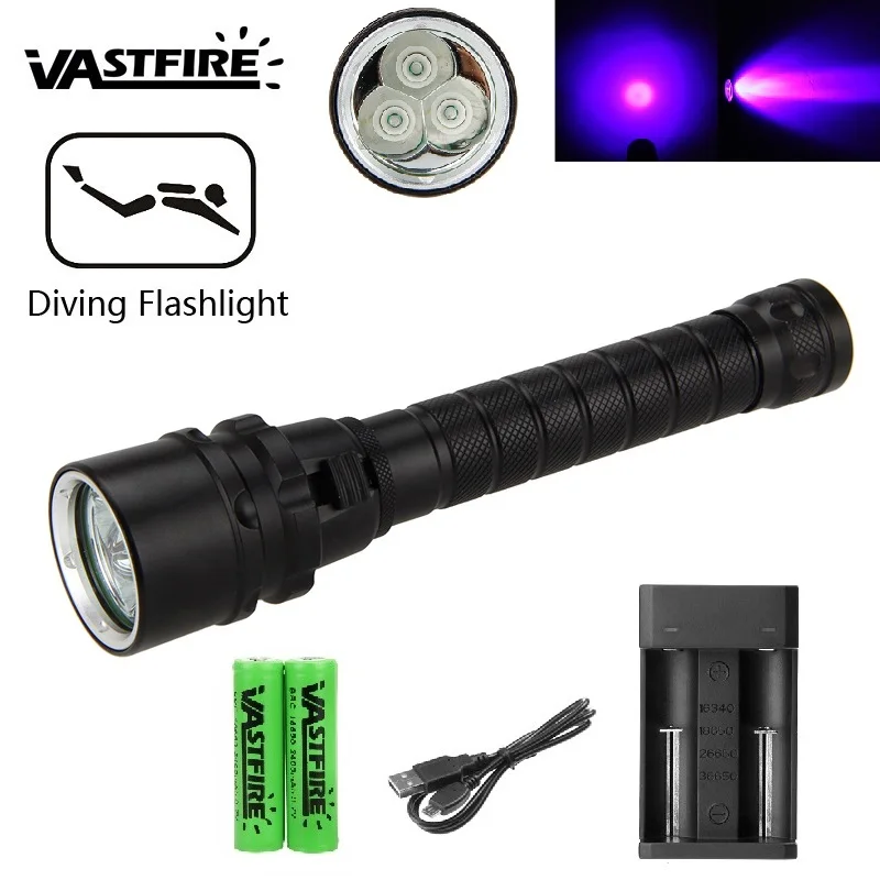 

Diving flashlight Purple light diving light 150 meters waterproof Scuba flashlight use for 18650 lithium battery
