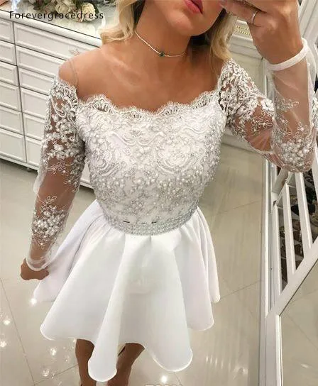 Newest 2019 Little White Short Homecoming Dress Sheer Long Sleeve Applique Sequins Cocktail Gowns Summer Boho Bride Reception Dress BC1401  118 (3)