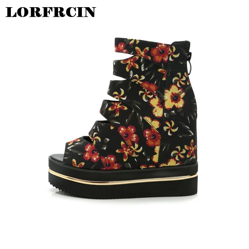

LORFRCIN Summer Wedges Women's Sandals Print Gladiator Women Sandals Platform Open Toe 12 cm Super High Heel Women Shoes Female