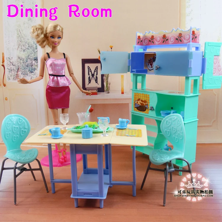 For barbie Kelly Ken Doll Green Dining Table Showcase Set / Dollhouse Dining Room Furniture Cup Chair Accessories Girls Gift For barbie Kelly Ken Doll Green Dining Table Showcase Set / Dollhouse Dining Room Furniture Cup Chair Accessories Girls Gift