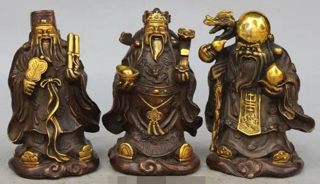 

S5200 8" China Bronze Gilt 3 Longevity God Dragon Fu Lu Shou fukurokuju Ruyi Full Set