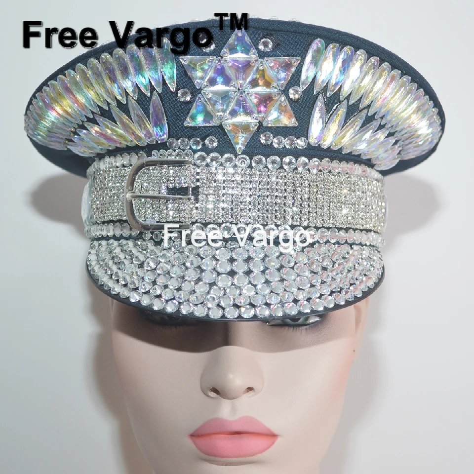 Burning Man Holographic Crystal Headdress Rave Festival Party Headpiece Captain Military Hat Sparkly EDM Stage Dj Dance Costume 
