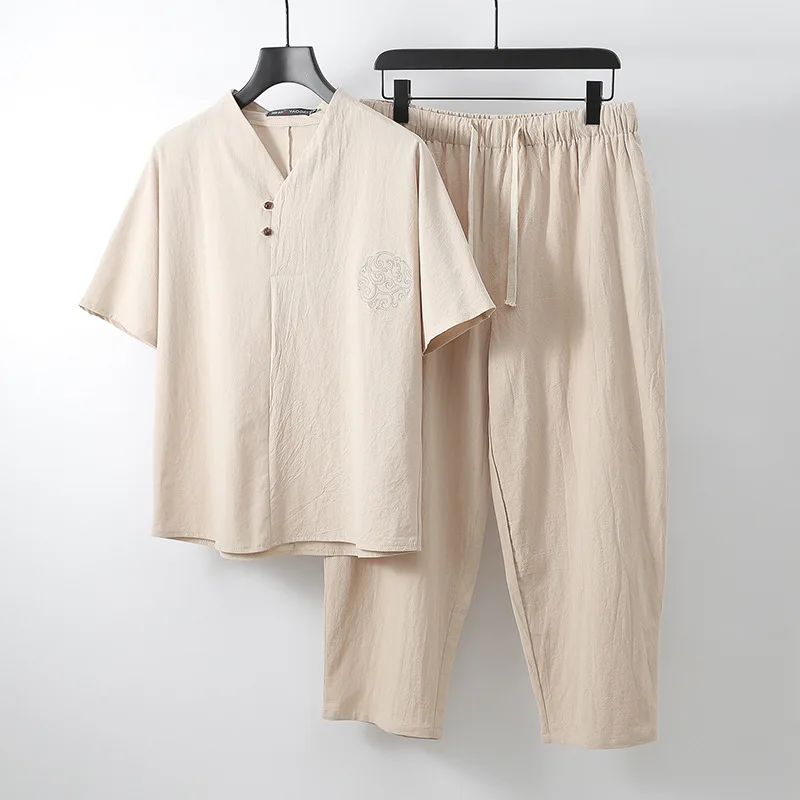 Мужская одежда 2019 футболка большие мужские льняные Топы И Футболки наборы плюс размер M-9XL v-образный вырез мужской стиль два предмета