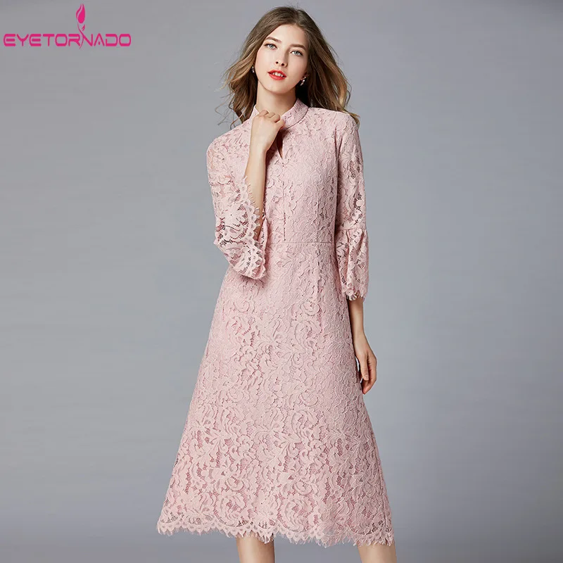 

L-5XL Women Flare Sleeve Long Lace Dress Summer 2019 Stand Collar Slim Elegant Midi Dresses A-line Pink Casual Beach Boho Dress