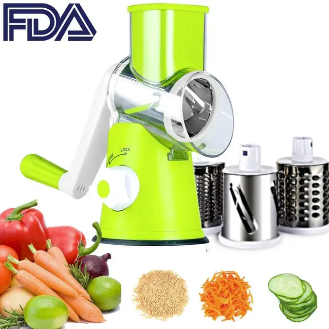 Sodopo Vegetable Mandoline Slicer, 3 in 1 Round Veggie Chopper Fruit Cutter  & Slicers,Hand Roller Cheese Shredder Rotary Drum Grater with 3 Stainless