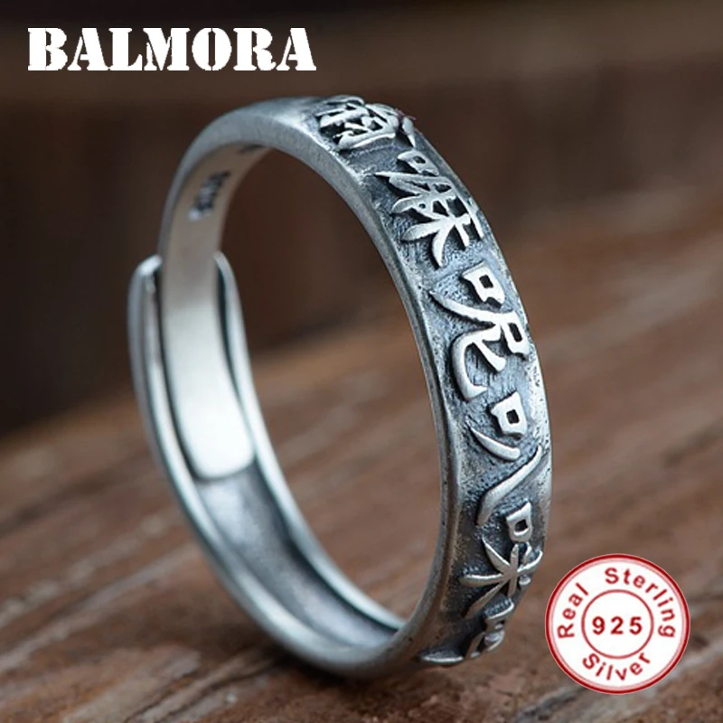 

BALMORA 925 Sterling Silver Six Word's Sutra Buddhism Open Rings for Women Lover Retro Fashion Ring Gift Jewelry Anillos SY22363