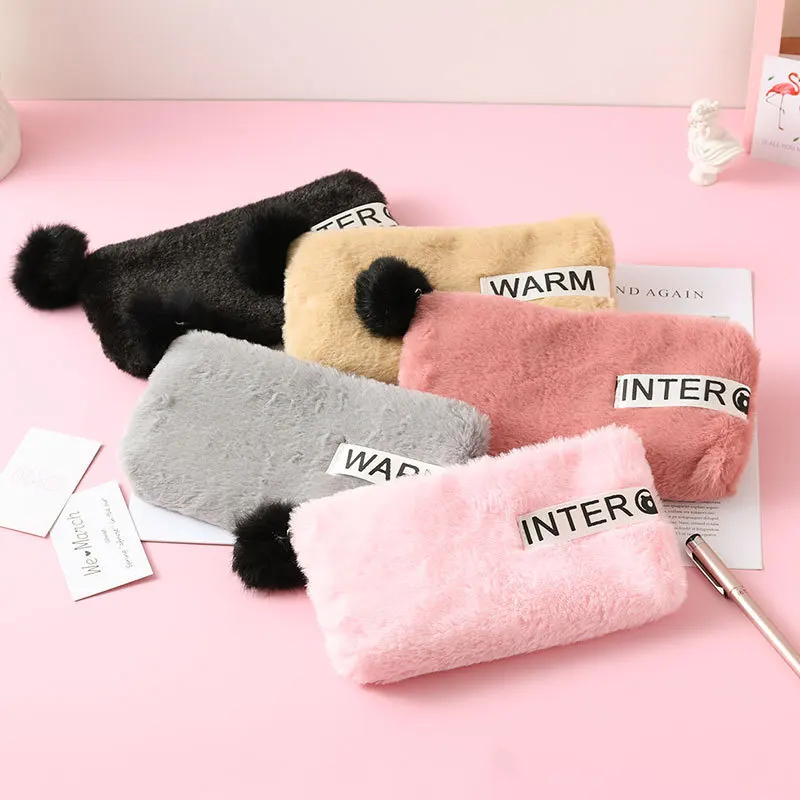 

Kawaii Cute Quality Plush Pencil Case Storage Organizer Pen Bags Pouch girl pink Hairball Pencil Bag School Supply Stationery