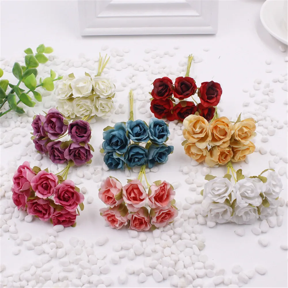 

Hot sale 6 pcs 2 cm silk rose artificial flower bouquet for wedding decoration scrapbooking wreath decorative diy flower crafts