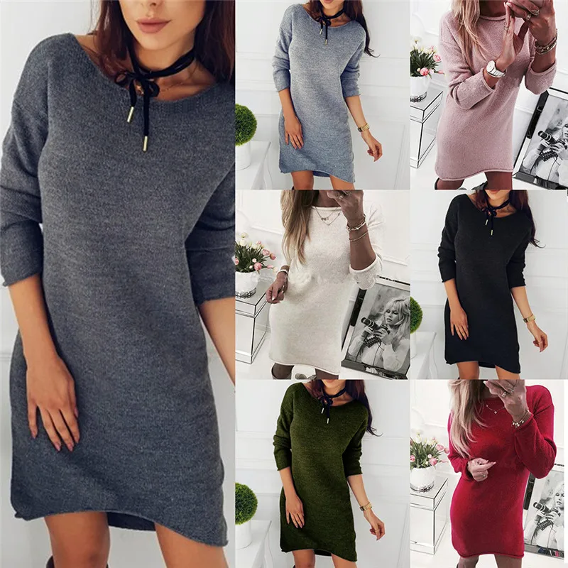 

Casual Solid Winter Jumper Pull Femme Women Sweaters And Pullovers Long Sleeve Long Knitted Sweater Dress