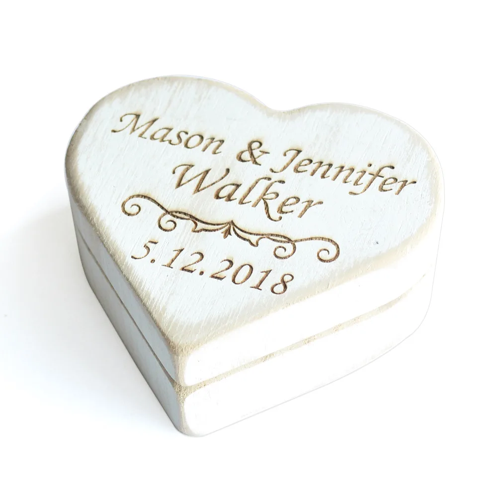 Vintage White Wedding Rings Box,Engraved Wooden Heart Wedding Ring Box