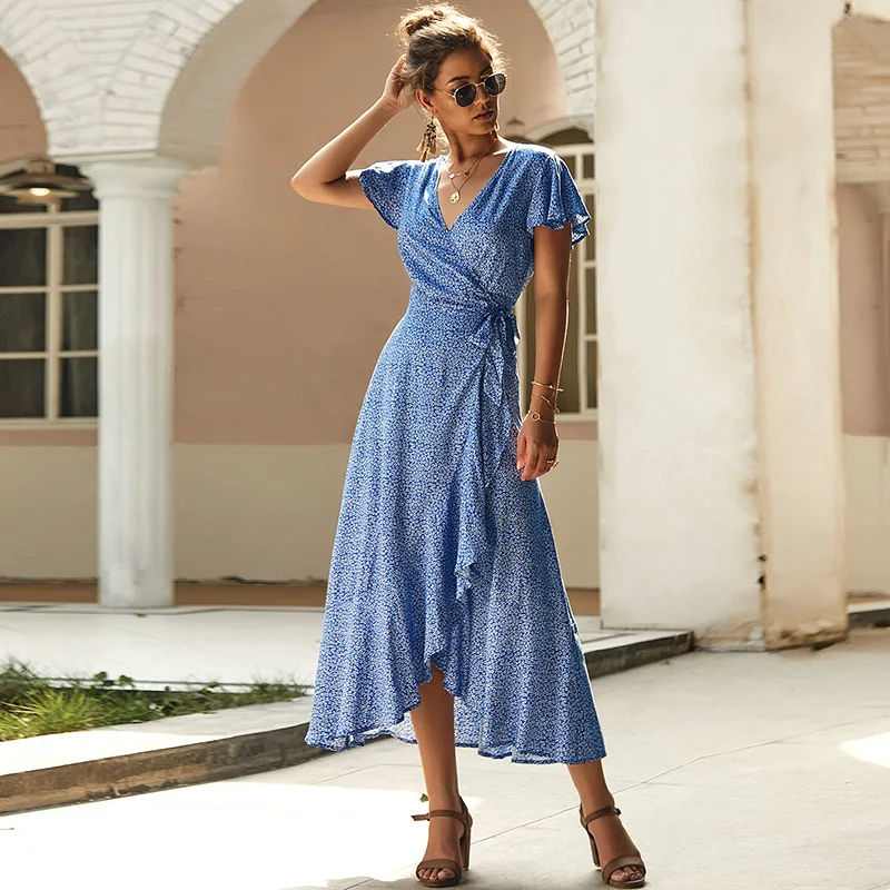 

Vintage Dot Floral Print Ruffles Split Maxi Dress V Neck Tie High Waist Warp Boho Dress Women Summer Dress 2019 Long Party Dress