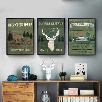 

Vintage Rural Pub Bar Nostalgic Canvas Painting Nature Wild Landscape Room Wall Poster for Home Decoration Animal Boat Deer Horn