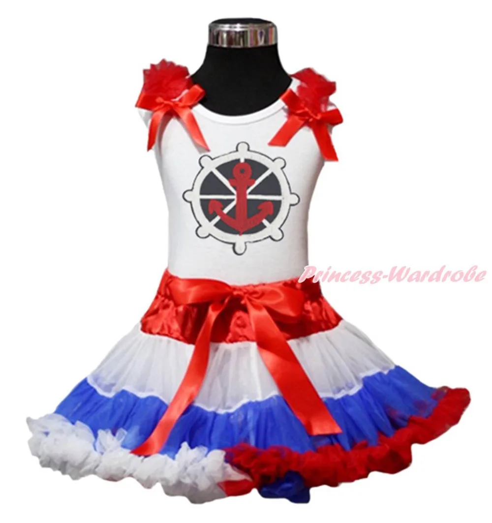 

4th July Sailor Anchor Ship Wheel RWB Skirt White Top Shirt Girls Clothing 1-8Y MAPSA0638