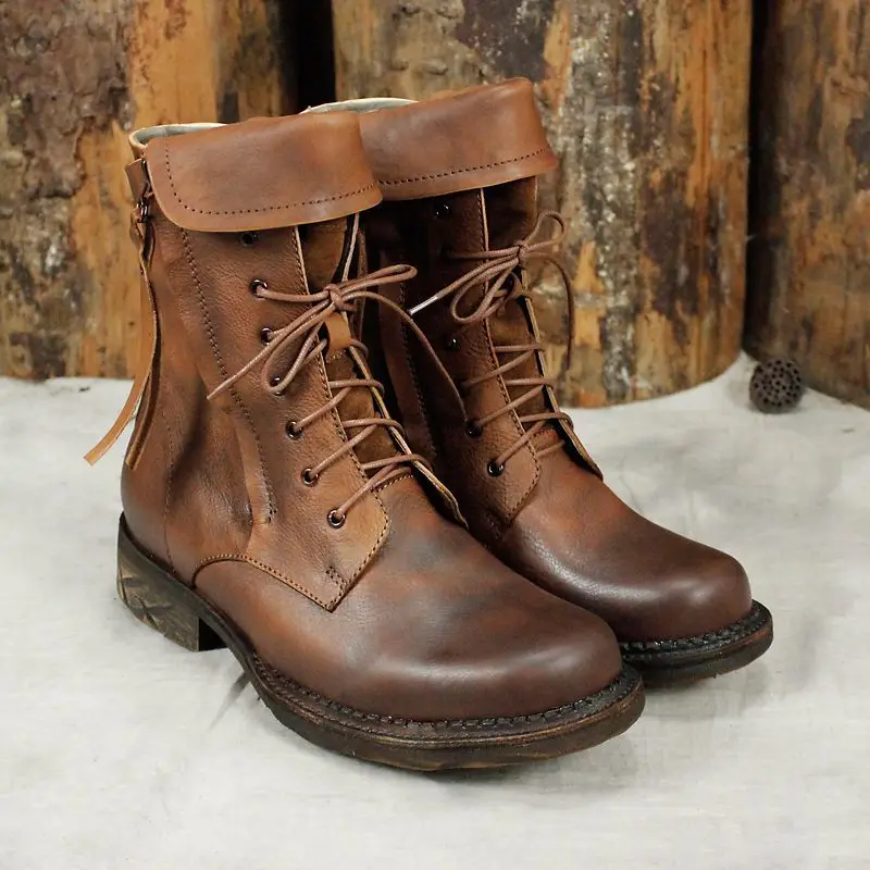 

New Leather Handmade Men's Boots Motorcycle Boots Low-heeled Tube Leather Knight Boots