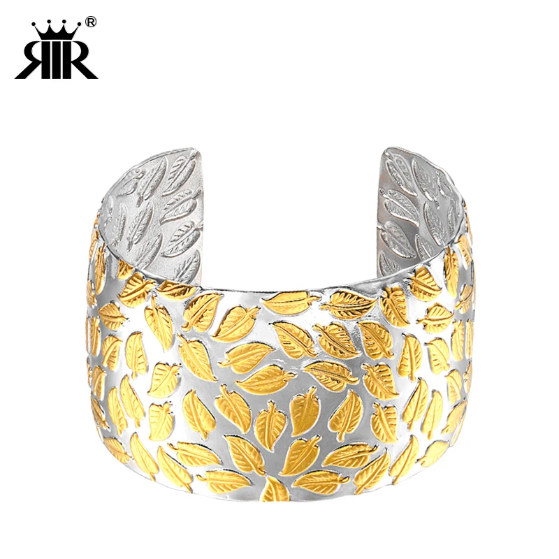 

RIR Fashion Simple Bangle Sliver Rose Gold Color Stainless Steel Charm Cuff Bangles Bracelet With Gold Leaves For Women Gifts