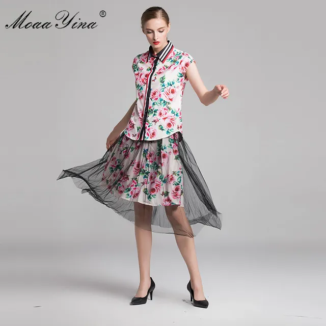 Best Price MoaaYina 2018 Fashion Designer Runway Set Spring Women Rose Print Casual Holiday Elegant Shirt+Mesh Half skirt Two-piece suit Best Price MoaaYina 2018 Fashion Designer Runway Set Spring Women Rose Print Casual Holiday Elegant Shirt+Mesh Half skirt Two-piece suit