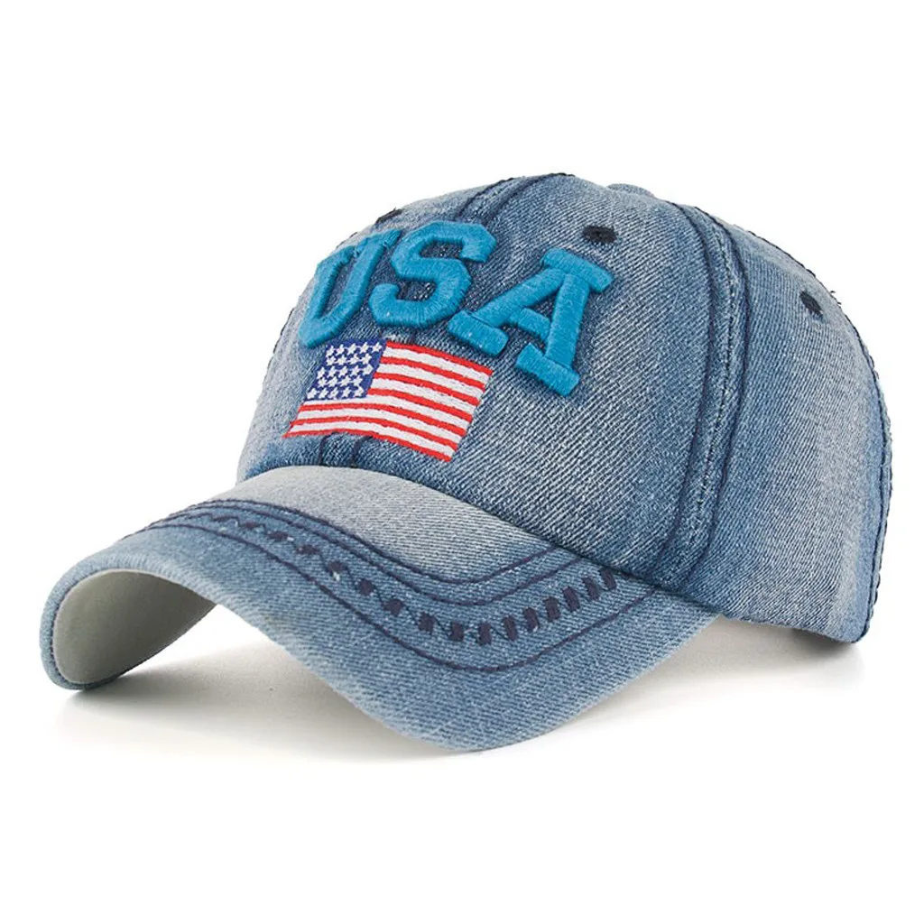 

USA Denim Rhinestone Baseball Cap women men Adjustable summer Snapback Hip Hop Flat Hats gorra hombre