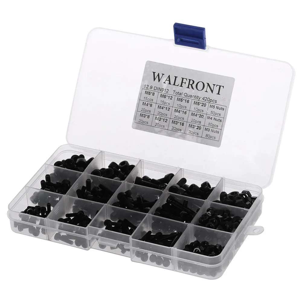 

420Pcs/set M3 M4 M5 Carbon Steel Hex Socket Cap Head Screws and Nuts Assrotment Set Fastener Hardware