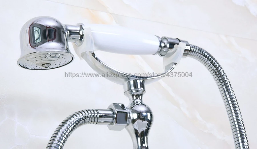 Polished Chrome Bathroom Shower Faucet Bath Faucet Double Cross Handles  With Hand Shower Head Set Deck Mounted Nna129