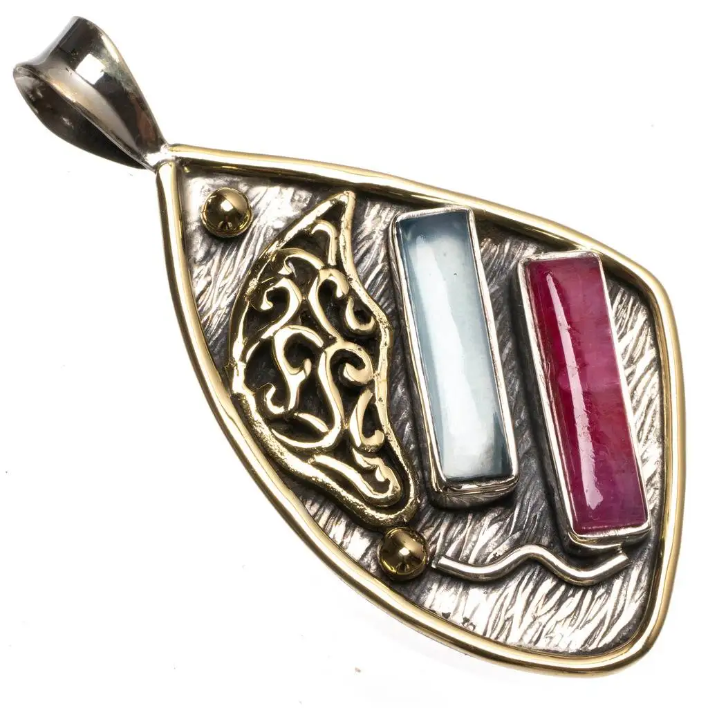 

Natural Two Tones Chalcedony and Cherry Ruby Handmade Unique 925 Sterling Silver Pendant 2" T0098