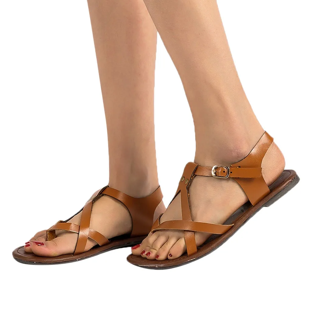 

Women Sandals Gladiator Peep Toe Buckle Rome Soft Gladiator Sandals Beach Casual Shoes Flat Sandals Beach Shoes #g2