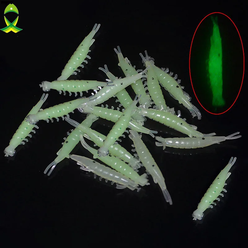 

JSM 100pcs 3.5cm Luminous Shrimp Soft Fishing Lures Plastic Sea Fishing Light Green Glow In night Fishing Bait
