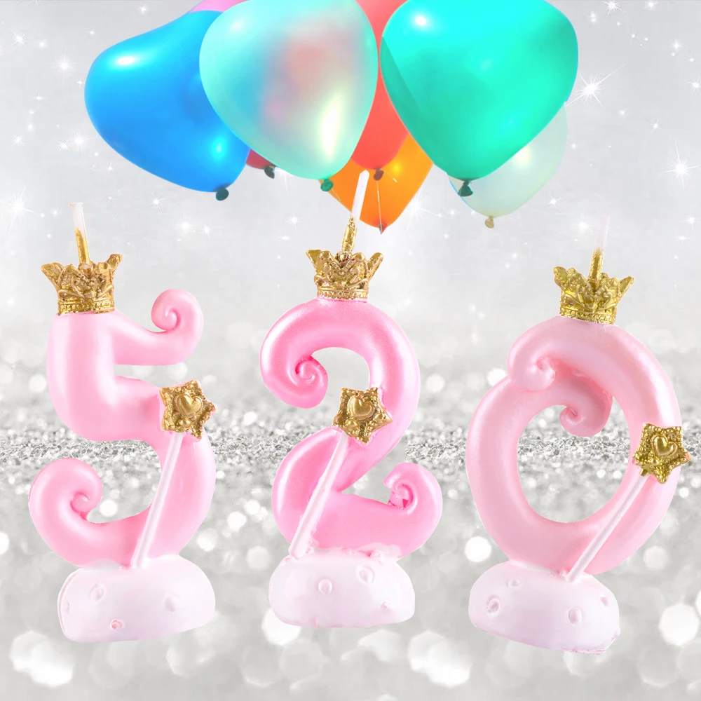 

1pc Pink Crown 0-9 Digital Number Cake Candle Happy Birthday Cake Topper Party Decoration Wedding Supplies Kids Favor