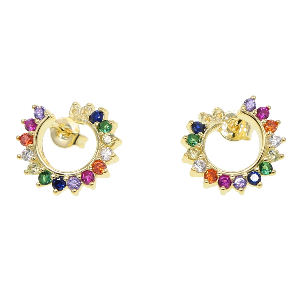 

2019 new arrived double sided colorful rainbow cz stud earring for women Gold filled luxury round circle Gorgeous stack jewelry