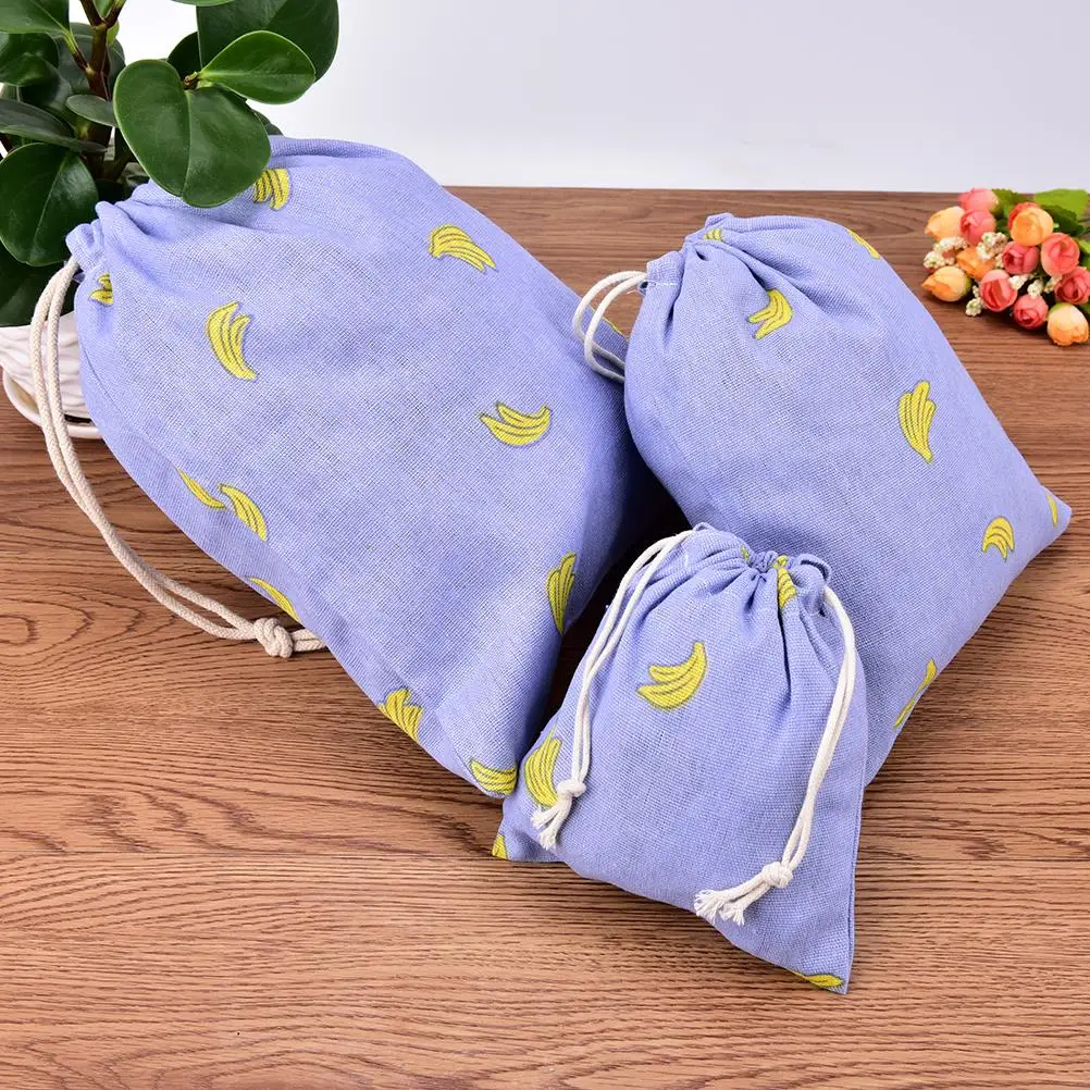 3Sizes travel pouch bag with drawstring Cotton linen cloth storage bag cute banana print candy organizer Bag
