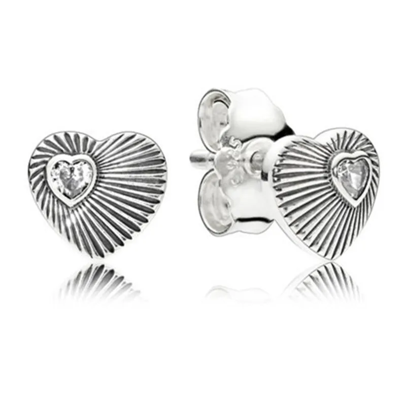 

Fashion New 100% 925 Sterling Silver Vintage Pandora Earrings For Women Crystal Heart Earring Studs Fine Europe Jewelry Original