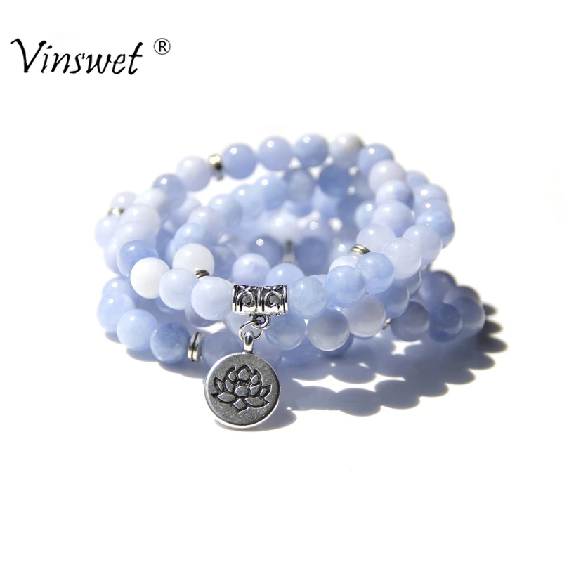 

108 Mala Aquamarines with Lotus OM Buddha Charm Yoga Bracelet or Necklace for Me Women Blue Natural Stone Jewelry Dropshipping