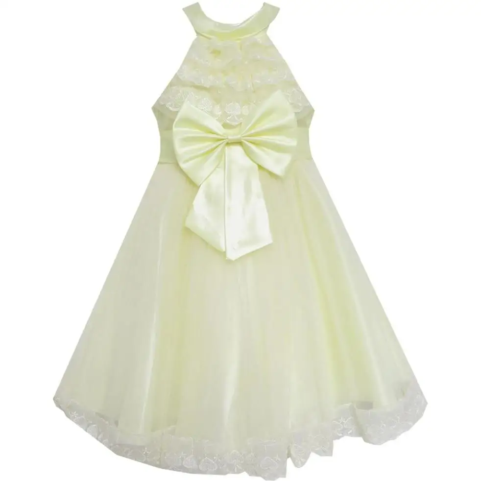 

Flower Girl Dress A-line Round Collar Bow Tie Pleated Bodice Yellow 2018 Summer Princess Wedding Party Size 5-12