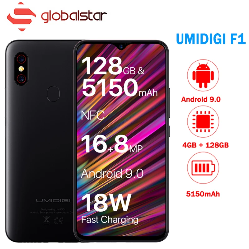 UMIDIGI F1 6,3 "NFC Android 9,0 водослива FHD + Дисплей Helio P60 4 Гб Оперативная память 128 GB Встроенная память 5150 mAh 18 W быстрой зарядки смартфона 16MP телефон