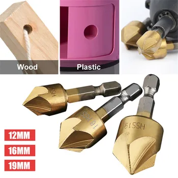 

3 pcs/set 5 Flute Chamfer Countersink 1/4" Hex Shank HSS Wood Chamfering Cutter 12/16/19mm Countersink Drill Bit