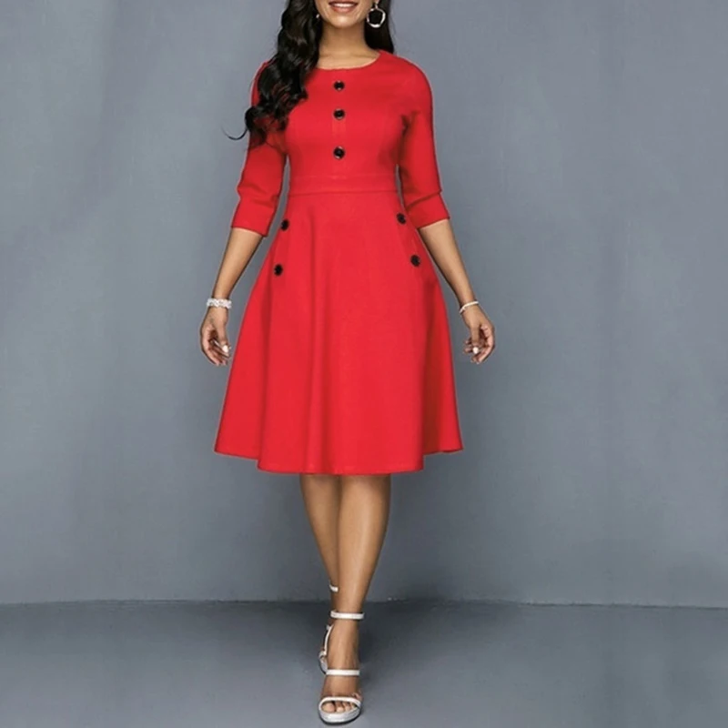 

Women Elegant Dress Buttons Round Neck 3/4 Sleeve A-Line Retro Waist Shaping Fashion Knee-Length Dress